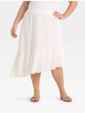 Ava & Viv White Tiered Eyelet Midi Skirt - Elegant Asymmetric Ruffle Sz 3X | NWT
